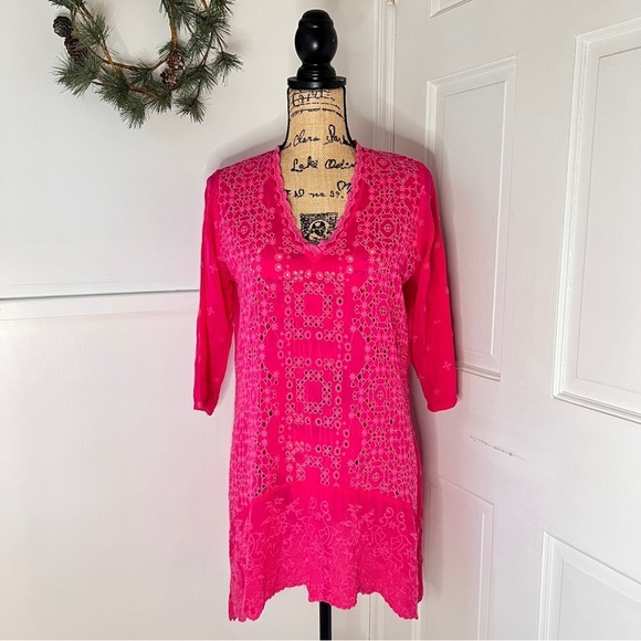 Johnny Was Pink Georgette Eyelet Embroidered Tunic Top - Picture 1 of 15